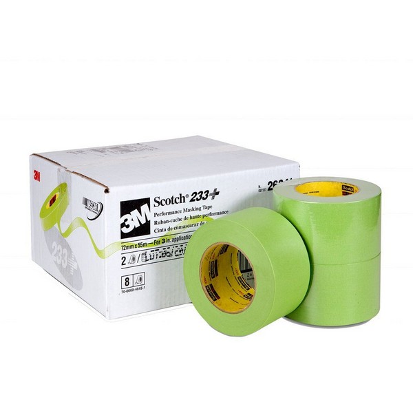 Masking Tape, High Performance, Series: 233+, 55 m Length, 72 mm Width, 6.6 mil Thickness, Green, Rubber Adhesive, Crepe Paper Backing, 36 in-oz Adhesion Strength, 25 in-lb Tensile Strength, 250 °F Maximum Operating