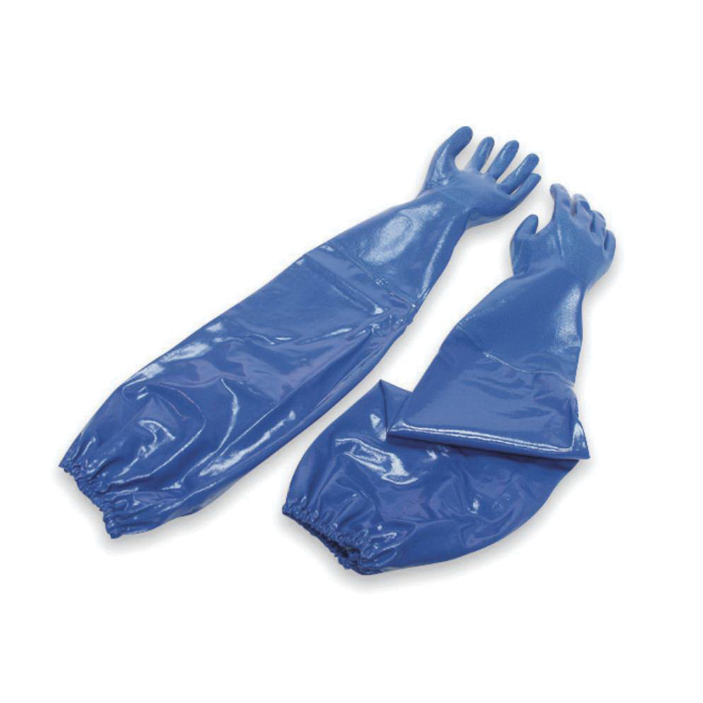 Chemical-Resistant Gloves, High Performance, Series: Nitri-Knit™ NK803ES, 9 Size, Nitrile, Blue, Ambidextrous Hand, Rough Grip Style, Cotton Interlock Lining, Extended Cuff, Supported, Elastic/Shirred Closure, 26 in Length, Resists: Abrasion, Cut, Puncture, Solvent and Snag