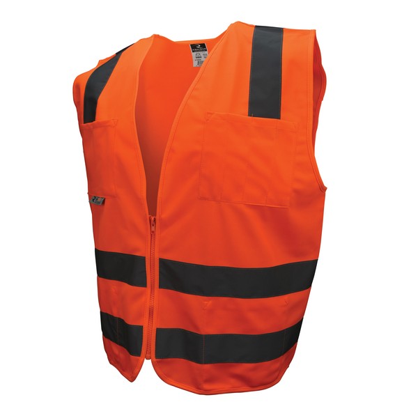 Safety Vest, Standard, Series: SV8OS, 2XL Size, Hi-Viz Orange, Polyester Knit, Silver Stripe, 30 in Chest, Zipper Closure, 6 Pockets, ANSI Class: Class 2, Specifications Met: ANSI/ISEA 107-2015 Type R