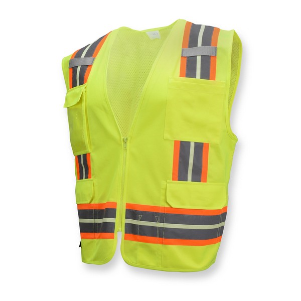 Surveyor Safety Vest, 2-Tone Glow-In-The-Dark, Series: SV6GL, 4XL Size, Hi-Viz Green, Polyester Mesh, Silver Stripe, 34 in Chest, 30 in Length, Front Zipper Closure, 8 Pockets, ANSI Class: Class 2, Specifications Met: ANSI/ISEA 107-2015 Type R