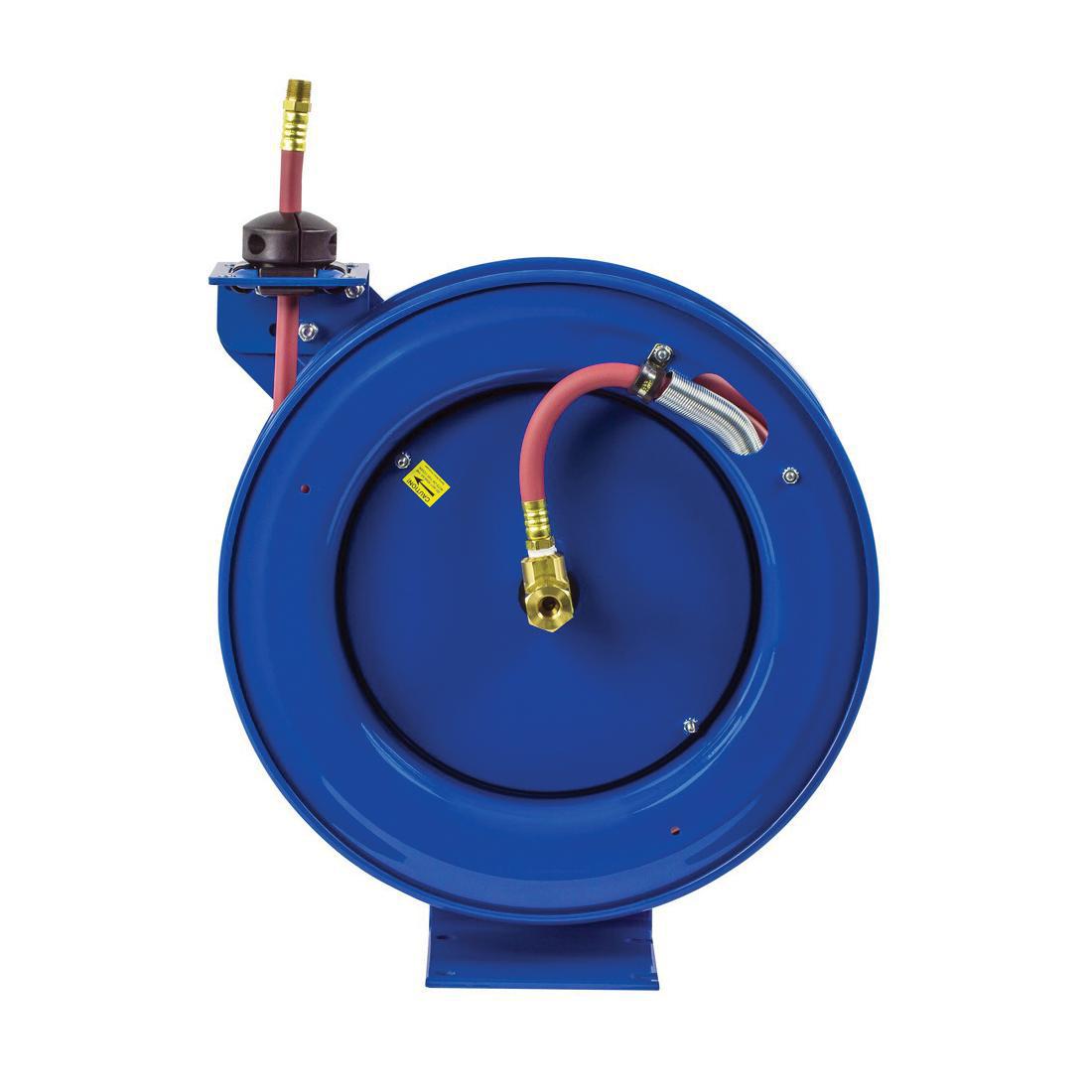 Spring Driven Hose Reel, 1-Pedestal Medium Pressure Performance, Series: P Series, 3/8 in ID x 11/16 in OD x 35 ft L Hose, 3000 PSI Pressure, Cartridge Style Spring Motor Drive, Bench/Ceiling/Floor/Vehicle Mounting, Brass Swivel, Nitrile Seal, 17-1/8 in L x 7 in W x 18-5/8 in H Dimensions, Steel, CPC™ Powder Coated, Blue, Import