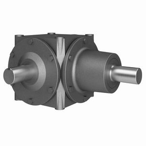 Bevel Gear Reducer, 1.33:1 Gear Ratio, 45 HP, Shaft Input, Shaft Output, 1-3/4 Inch Diameter x 3-1/16 Inch Length Input, 1-3/4 Inch Diameter x 3-3/32 Inch Length Output, 639.1 RPM Output Maximum Speed, 850 RPM Input Maximum Speed, 4350 in-lb, 11-1/2 Inch Centre Distance, 3/8 x 3/16 Inch Input Keyway, Four-Bolt Surface Mount, Ductile Iron