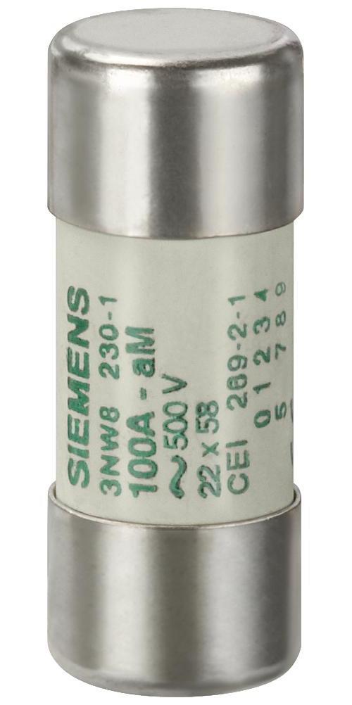 Class Fuse Link, Cylindrical, 400 V AC, 100 A, Rated Breaking Capacity: 20 kA, Holder Mount, For Use With: Setron 3NW Series Class aM Cylindrical Body Fuse, Ceramic/Plastic Material, 22 mm Dia x 58 mm L Dimensions