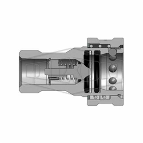 Industrial Interchange Poppet Valve Female Coupler, Series: DQC H, 9/16-18 Nominal, Female O-Ring End Style, 13/16 Inch Hex, 2.29 Inch Length, 5000 psi Pressure, -40 to 250 °F, Steel, Polished Chrome, 1.12 Inch Outside Diameter Dimensions