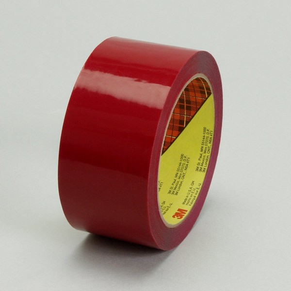 Box Sealing Tape, 50 m Length, 48 mm Width, 2.5 mil Thickness, Red, 3 Inch Diameter Core, Synthetic Rubber/Resin Adhesive, Polyethylene Backing, 50 in-oz Adhesion Strength, 30 in-lb Tensile Strength, 32 °F Maximum Operating