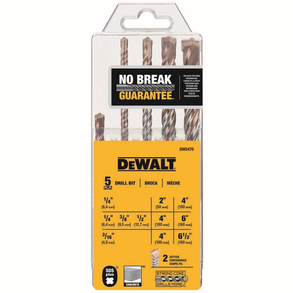 Hammer Drill Bit Set, Imperial System of Measurement, 3/16 in Minimum Drill Bit Size, 1/2 in Drill Bit Size, 135 deg Drill Point Angle, 5 Piece, Specifications: SDS Plus Shank, For Use With: All Brands Electric and Cordless SDS Plus Rotary Hammers In