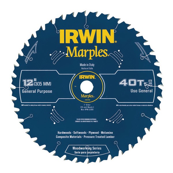 Woodworking Circular Saw Blade, 12 in Dia, 1 in Arbor, ATB Teeth, 40 Teeth, 10 deg Tooth Angle, 7000 RPM Maximum, 0.098 in Kerf, Carbide Cutting Edge, Carbide Blade, Non-Stick Coated, Applicable Materials: Hardwood, Laminated Plywood, Laminates, Mela