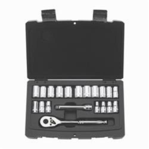 Ratchet Socket Set, Measurement System: Metric/Imperial, 1/4 in Drive, Pear Head Shape, 6 Points, 20 Piece, Sockets Included: Yes, Yes Quick Release Head, Specifications Met: ANSI Specified, Steel, Polished Chrome/Nickel Plated