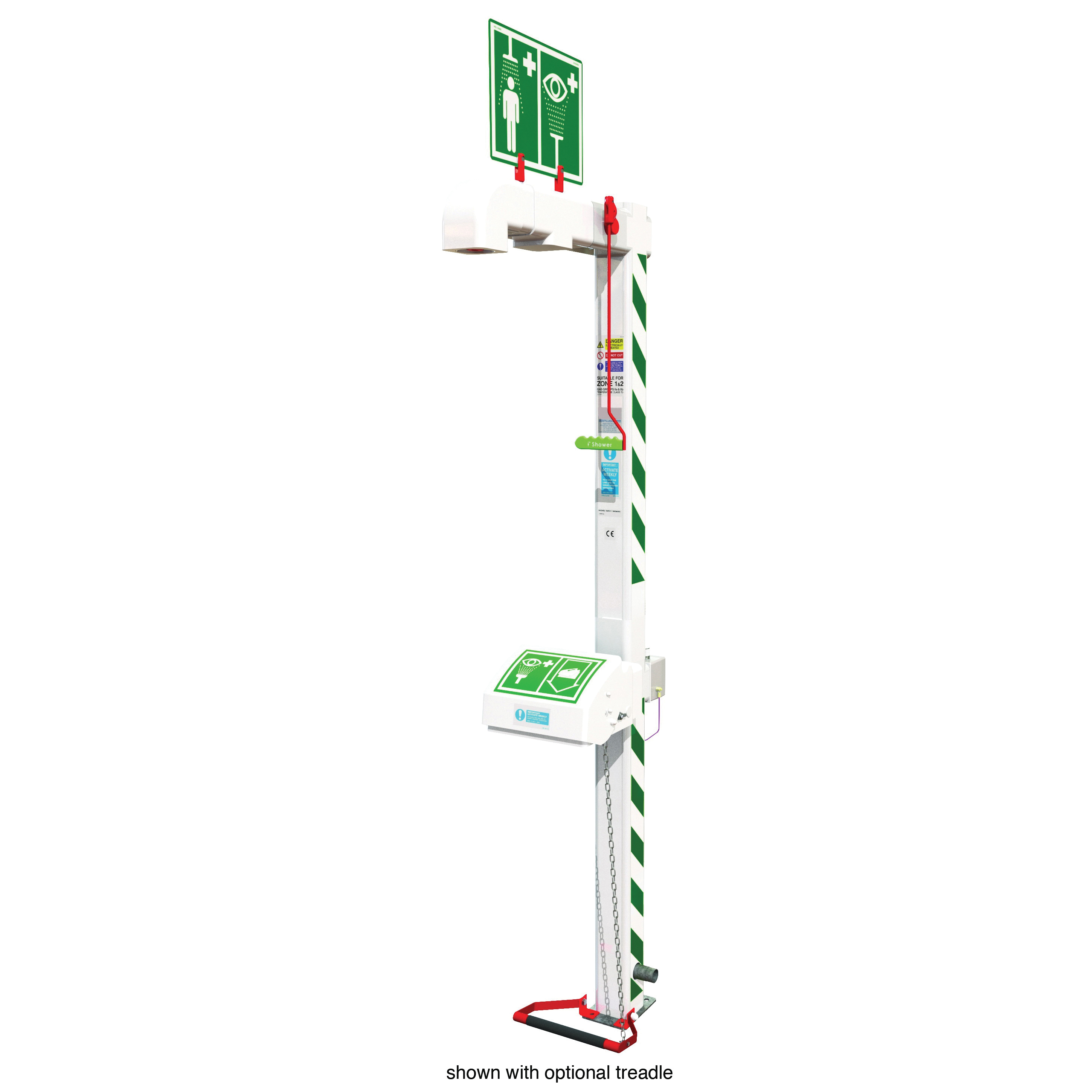 Hughes Combination Shower, Freeze Protected Closed Bowl, Galvanized Steel Pipe, Acrylic Capped ABS Eyewash Bowl, Nylon 6 Shower Head, 9-1/2 in Diameter Bowl, Floor Mounting, UL Listed, Green/Red/White, 316L Stainless Steel Valve/Nylon 6 Nozzle/Chrome