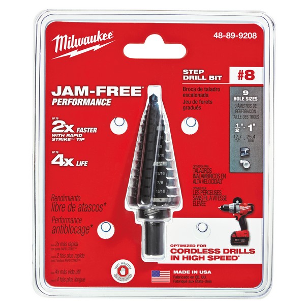 Step Drill Bit, Imperial, #8 Letter/Wire, 1/2 in Diameter Minimum Hole, 1 in Diameter Maximum Hole, 9 Steps, 8 Hole, 2 Flutes, 3/8 in Shank, 3-Flat/Reduced Shank, HSS Cutting Edge, HSS, Black Oxide, Applicable Materials: Metal and Plastic