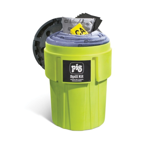 Spill Kit, 95 gal, Drum, Hi-Viz Green, Fluids Absorbed: Coolants/Oils/Solvents/Water