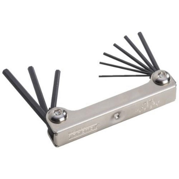 Hex Key Set, Folding Short Arm, Measurement System: Imperial, 9 Piece, 0.05 to 0.1875 in Hex, Foldable Handle, Specifications: 1-1/2 to 2 in L Bits, Alloy Steel, Black Oxide