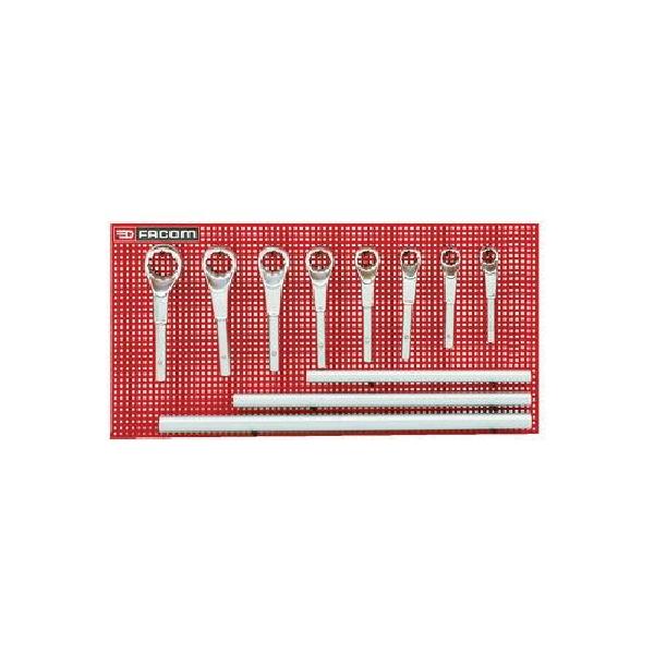 Wrench and Handle Set, Leverage, Metric System of Measurement, 24 to 55 mm Size, 11 Piece, Specifications: 12-Point, 30˚ Offset, Alloy Steel, Polished Chrome