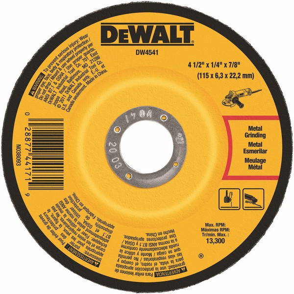 Depressed Center Grinding Wheel, Flat, 4-1/2 in Wheel Diameter, 1/4 in Wheel, 7/8 in Center Hole, Arbor Connector, 24 Grit, Coarse Grade, Aluminum Oxide Abrasive, Wheel Type Number: Type 27, 13300 RPM Resin Bond, Applicable Materials: Ferrous Metal a
