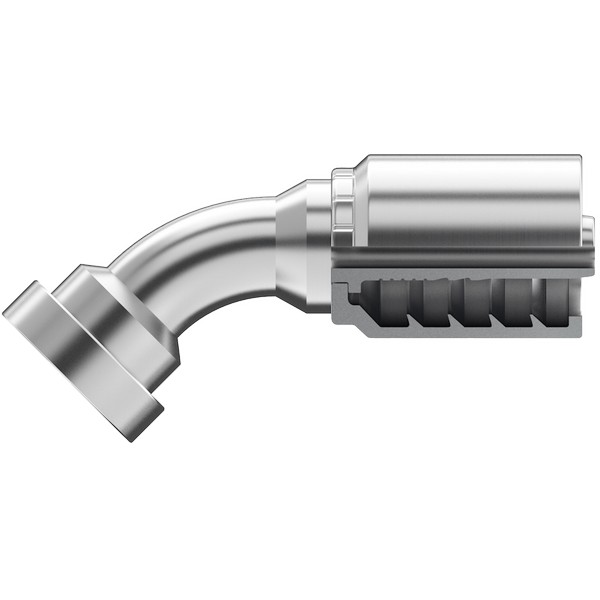 Hydraulic Hose Elbow, 1-Piece Non-Skive, 1 in ID Hose, 1 in, Code 62 Flange x Hose, 45 deg, 5.6 in Length, 6000 psi, 3.82 in Cutoff Allowance