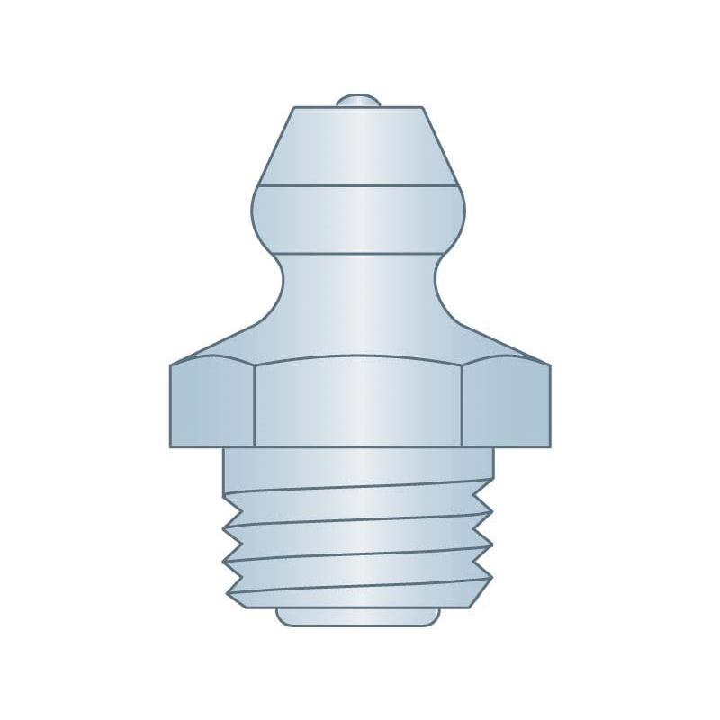 Zerk Grease Fitting, Straight, 3/8-24 UNF Thread, 0.64 in Overall Length, 0.24 in Shank Length, 7/16 in Hex, Clear Trivalent Zinc Plated, Steel