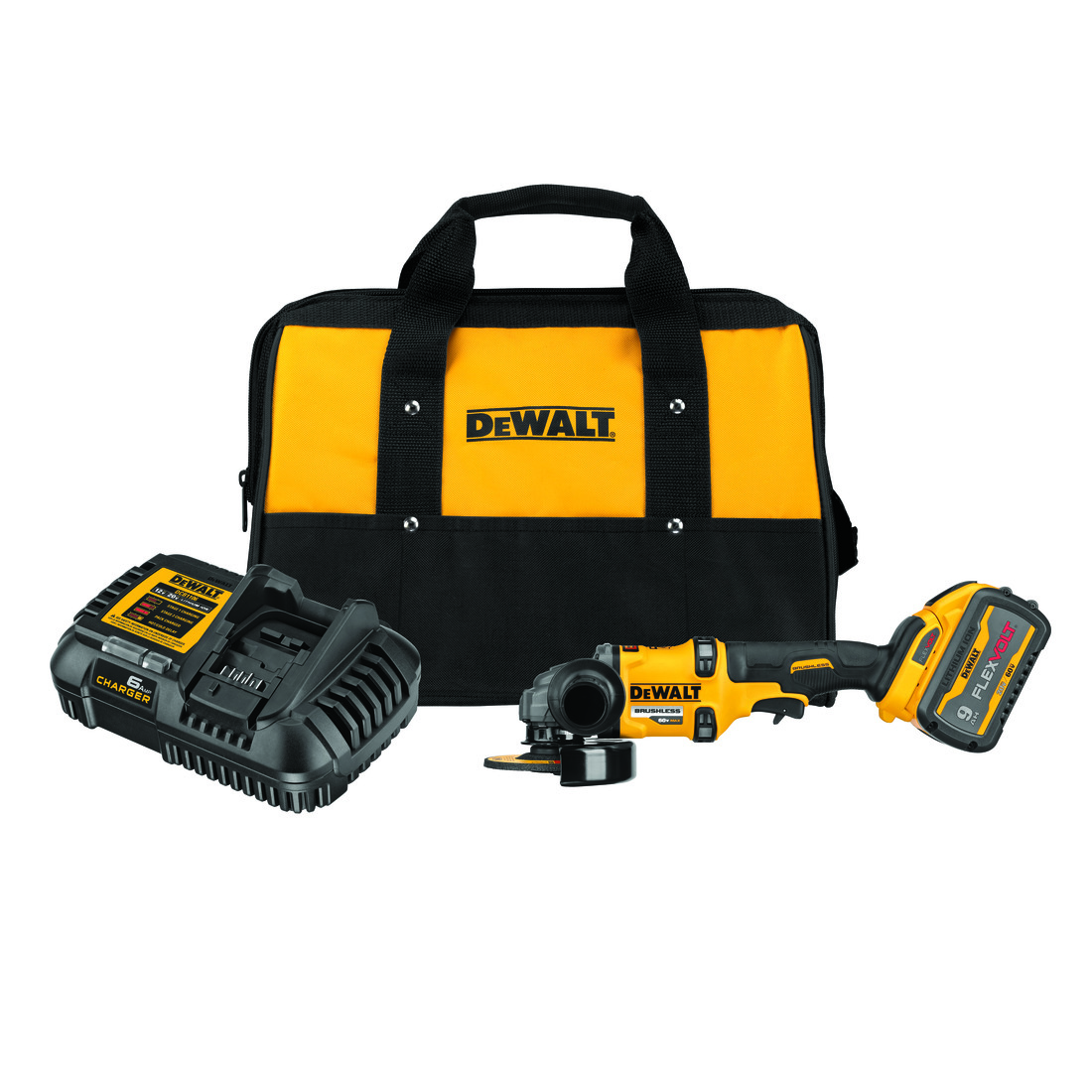 Angle Grinder, Brushless Cordless, 4-1/2 to 6 in Wheel Diameter, 5/8-11 Arbor/Shank, 9000 RPM Speed, 60 VDC, FLEXVOLT® 60V MAX* Lithium-Ion Battery, 9 Ah Battery, Trigger Switch, 1 Battery Included
