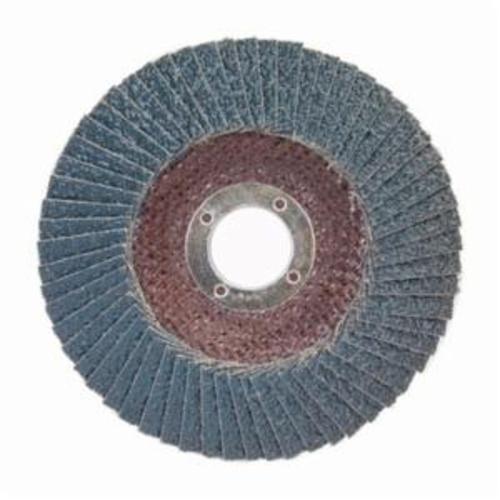 Coated Abrasive Flap Disc, Center Mount Standard Density, Series: R884P, 5 in Disc Dia, 7/8 in Center Hole, P36 Grit, Extra Coarse Grade, Zirconia Alumina Plus Abrasive, Type 29 Conical Disc, Fiberglass Backing, 12000 RPM Maximum, Blue
