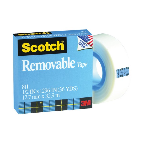 Office Tape, 1-Sided Removable, 1296 Inch Roll Length, 1/2 Inch Width, Transparent, 1 Inch Diameter Core, Acrylic Adhesive