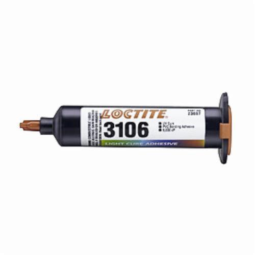 Light Cure Adhesive, High Strength Medium Viscosity, Series: Light Cure 3106, Syringe Container, 25 mL Container, Amber, 23.28 g/L (Process), 11.32 g/L (Potential), 34.6 g/L (Total) VOC, Bonds To: PVC, Thermoplastic