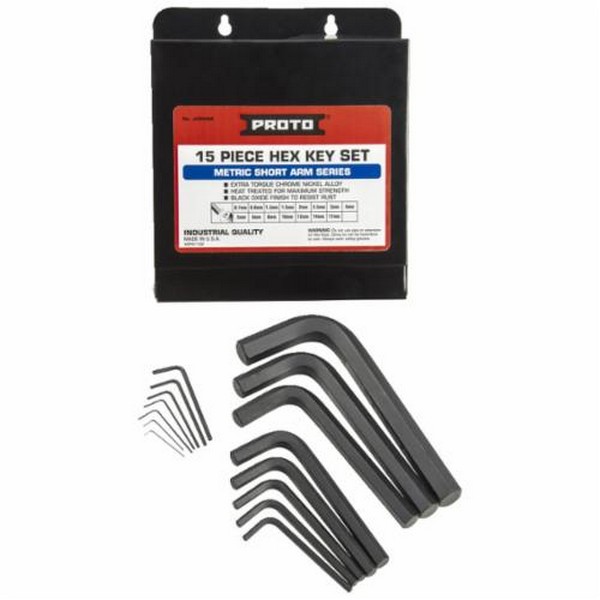 Hex Key Set, Short Arm, Measurement System: Metric, 15 Piece, 0.7 to 17 mm Hex, L-Handle Handle, Specifications Met: ASME B18.3, US Federal GGG-K275D, 1.2 to 6.1 in L Arm, Alloy Steel, Black Oxide