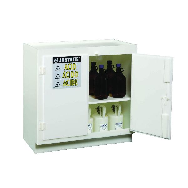 Corrosive Safety Cabinet, Stand Alone, (36) 2.5 L Bottle, 36-3/4 in Height, 36 in Width, 21-3/4 in Depth, Manual Close Door, 2 Doors, 1 Shelves, Polyethylene, White