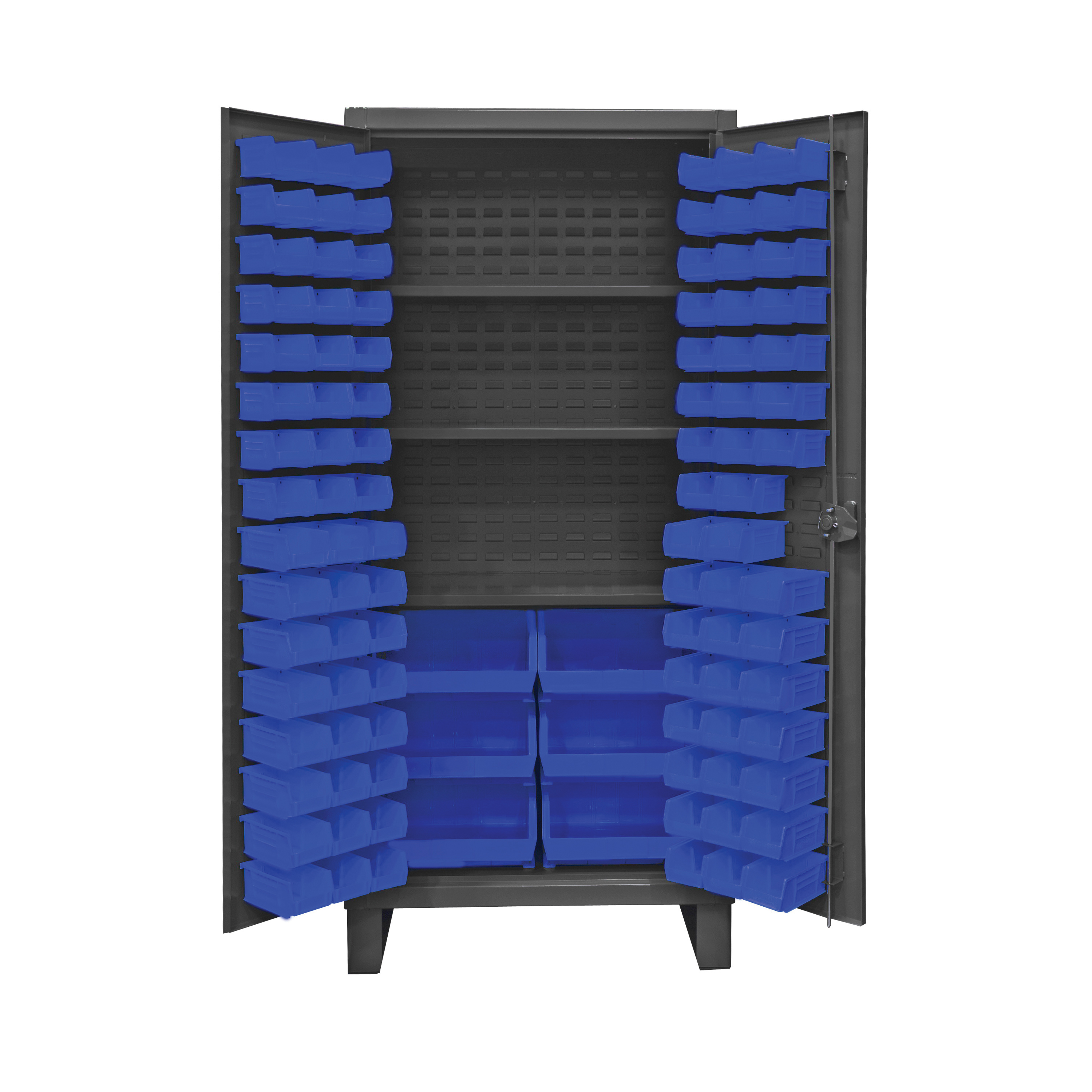 Bin Cabinet, 24 in Overall Length, 36 in Overall Width, 78 in Overall Height, Steel, Gray, 12 ga Gauge Thickness, 3 Cabinet Shelves, 1750 lb Cabinet Shelf Capacity, 33-15/16 in W x 15-7/8 in D Adjustable Cabinet Shelf Size, 102 Bins, Blue Bin, (48) 4 x 5 x 3 in, (48) 4 x 7 x 3 in, (6) 16 x 5 x 7 in Bin