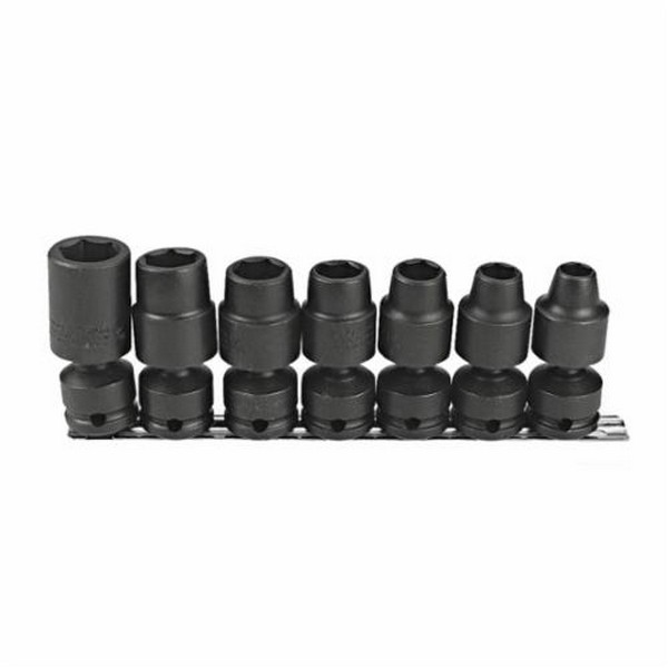 Socket Set, Large Universal, Yes Impact Rated, Measurement System: Imperial, 7 Piece, 6 Points, Included Socket Size: 7/16 to 13/16 in, 1/2 in Drive, Specifications Met: ASME B107.2, Alloy Steel, Black Oxide