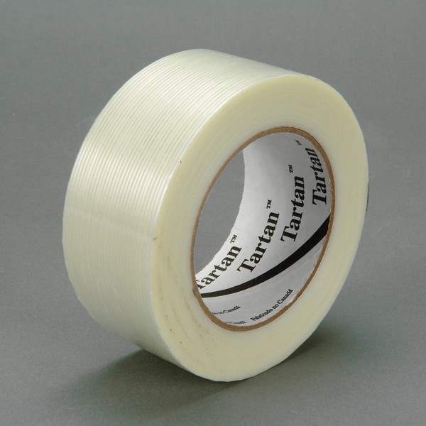 Filament Tape, High Strength, 100 m Length, 48 mm Width, 4 mil Thickness, Fiberglass Yarn Filament, Clear, Synthetic Rubber Adhesive, Polypropylene Film Backing, 60 in-oz Adhesion Strength, 100 in-lb Tensile Strength, 80 °F Maximum Operating, 40 °F M
