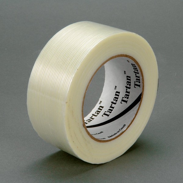 Filament Tape, High Strength, Series: 8934, 55 m Length, 48 mm Width, 4 mil Thickness, Fiberglass Yarn Filament, Clear, Synthetic Rubber Adhesive, Polypropylene Film Backing, 60 in-oz Adhesion Strength, 100 in-lb Tensile Strength