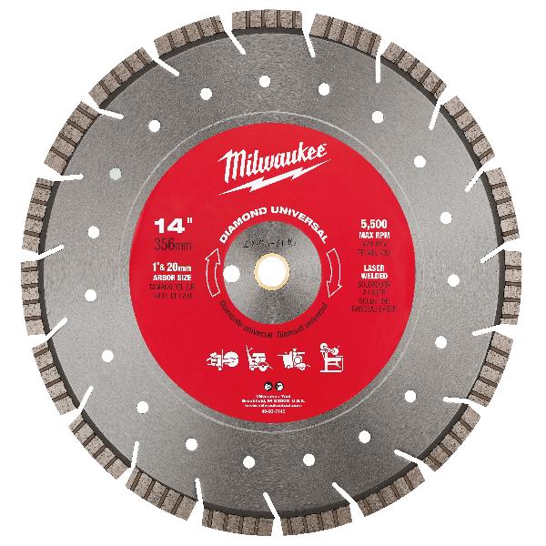 Diamond Saw Blade, Universal Segmented Turbo Circular, 14 in Diameter Blade, 1 in, 20 mm Arbor/Shank, Dry/Wet Cutting Condition, 1/8 in Kerf, Applicable Materials: Asphalt, Ductile Iron and Green Concrete