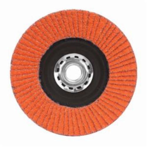 Coated Abrasive Flap Disc, Arbor Thread Quick-Trim Standard Density, Series: R980P, 4-1/2 in Disc Dia, 5/8-11 Center Hole Thread Size, 40 Grit, Extra Coarse Grade, Ceramic Alumina Abrasive, Type 27 Flat Disc, Plastic Backing, 13300 RPM Maximum, Black/Orange