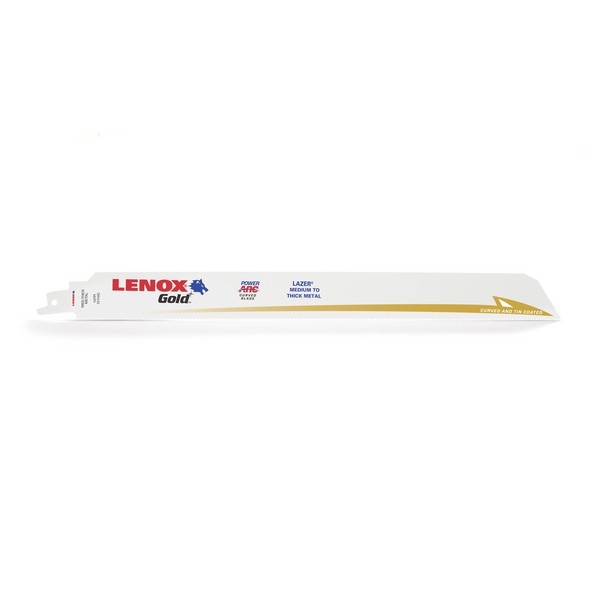 Reciprocating Saw Blade, Power Arc Curved, 12 in Length, 1 in Width, 0.042 in Thickness, 14 TPI, Reinforced/Tapered Pitch Teeth, 1/2 in Tang, Universal/Toothed Edge Tang, HSS Cutting Edge, Flexible Steel Body, Titanium Coated, Applicable Materials: M