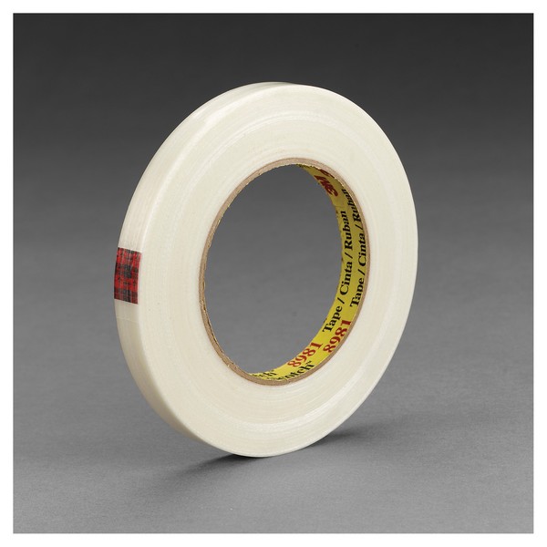Filament Tape, Reinforced, 330 m Length, 12 mm Width, 6.6 mil Thickness, Fiberglass Yarn Filament, Clear, Synthetic Rubber Adhesive, Polypropylene Backing, 70 in-oz Adhesion Strength, 380 in-lb Tensile Strength, 90°F Maximum Operating, 40 °F Minimum
