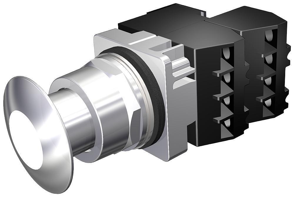 Illuminated Push-Pull Switch, 30 mm Size, 2NC ContConfiguration, Silver Contact, Momentary-In/Momentary-Out ContMode, 60 A at 110 VAC, 30 A at 230 VAC, 15 A at 400 VAC, 12 A at 500 VAC Contact, 44.5 mm Mushroom Head Operator, 3 Positions, Incandescen