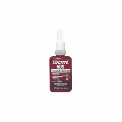 Retaining Compound, 1-Part High Strength, Series: 609™, Bottle, 50 mL, Green, Mild, -65 to 300 deg F, 1.1 Specific Gravity, <gt/>199.94 deg F Flash, 2.46 g/L VOC, 125 cPs Viscosity Rating, Flammability: 1, 2300 psi Shear Strength