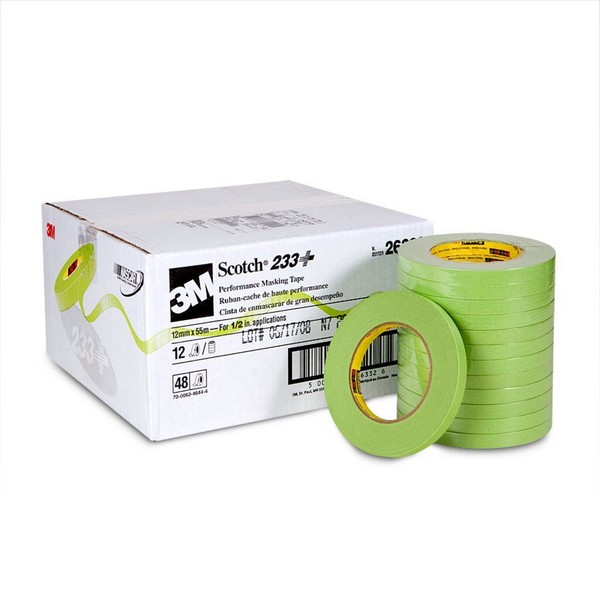 Masking Tape, High Performance, Series: 233+, 55 m Length, 12 mm Width, 6.6 mil Thickness, Green, Rubber Adhesive, Crepe Paper Backing, 36 in-oz Adhesion Strength, 25 in-lb Tensile Strength, 250 °F Maximum Operating
