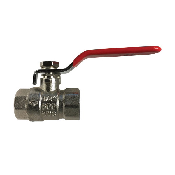 Ball Valve, 1 Inch Nominal, FNPT End Style, 600 psi WOG, 150 psi WSP Pressure, -40 to 365 °F, Full Port, 2.8 Inch Inlet to Outlet Length, 2.14 Inch Top to Inlet Center, Forged Brass Body, Nickel Plated Brass Stem/Packing Nut/Cap/Plated Steel Lock Washer/Handle Nut/Steel Handle Trim, PTFE Seat/Packing Softgoods, Nickel Plated