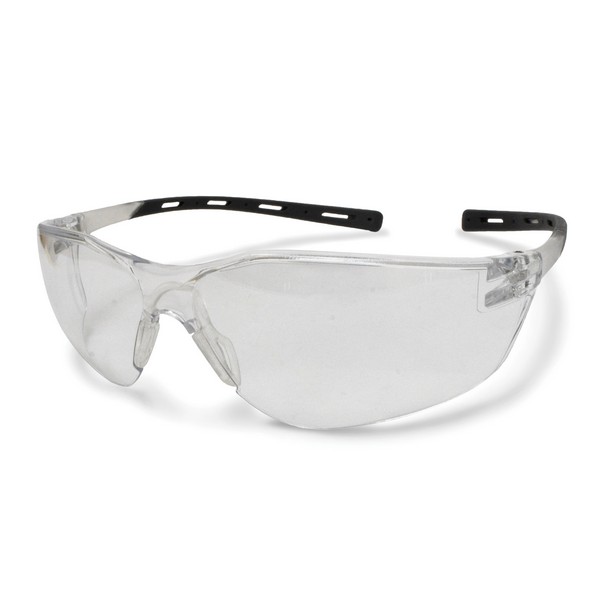 Safety Eyewear, Regular Size, Hard Coated Lens Coating, Clear Lens, Clear Frame, Polycarbonate Lens, 99.9 % UV Protection, Flexible Rubber Temple, Specifications Met: ANSI Z87.1
