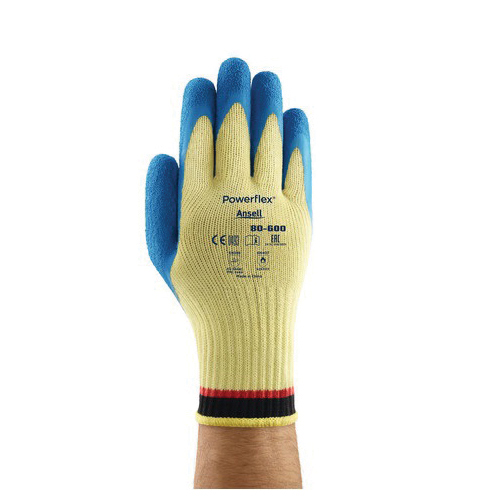 Cut Resistant Gloves, Heavy Duty, Series: 80-600, 7, Natural Rubber Latex Palm, Latex/Natural Rubber Coating, Kevlar, Blue/Yellow, Paired Hand, Full Finger/Straight Thumb, Kevlar®, Knit Wrist Cuff, 9.64 to 11.02 in Length