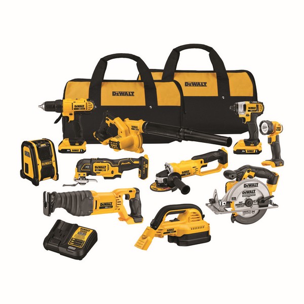 Cordless Combination Kit, 10-Tool, Tool/Kit: Kit, Drill, Impact Driver, Circular Saw, Reciprocating Saw, Grinder, Blower, Worklight, Bluetooth Speaker, Oscillating Tool, Wet Dry Vacuum, 20 VDC, Lithium-Ion, 2 Ah Battery, Contractor Bag Package