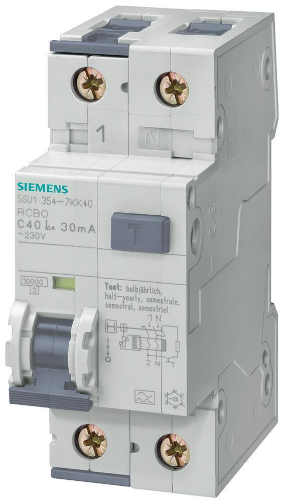 Residual Current Circuit Breaker, Series: 5SU1, 230 VAC, 10 A, 50 Hz Frequency, 10 kA Interrupt, AC Frame, C-Curve Trip, 30 mA Trip, 1+N Pole, Thread Connection, IP20 Enclosure, -25 to 55 °C