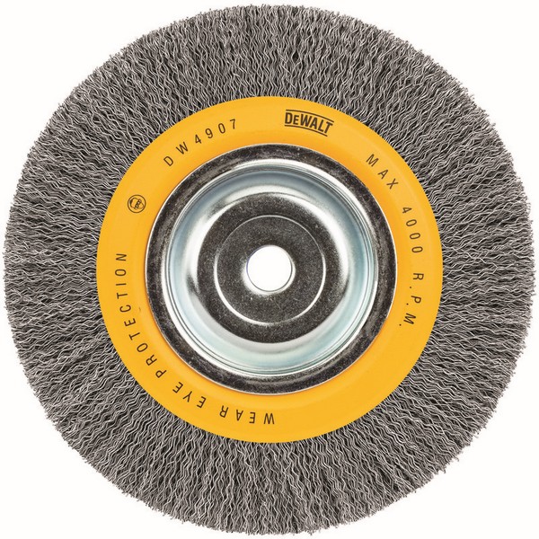 Bench Grinder Brush, Wide Face, 8 in Diameter Brush, 1 in Face Width, 5/8 in Arbor Hole, Crimped Wire Filament/Wire, 0.014 in Dia Filament/Wire, Carbon Steel Fill, 1-9/16 in Trim Length, 4000 RPM Maximum