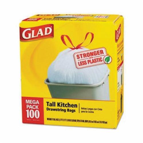 Drawstring Trash Bag, Extra Heavy Tall, Series: Glad®, 13 gal, 27-3/8 in Length, 24 in Width, 0.95 mil Thickness, Plastic, White