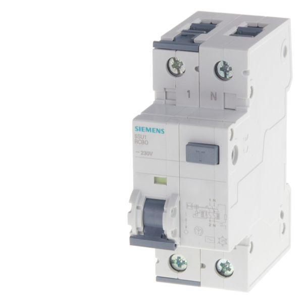 Residual Current Circuit Breaker, Series: 5SU1, 230 VAC, 10 A, 50 Hz Frequency, 10 kA Interrupt, A Frame, B-Curve Trip, 30 mA Trip, 1+N Pole, Thread Connection, IP20 Enclosure, -25 to 55 °C, 90 mm H x 36 mm W x 77 mm D Dimensions