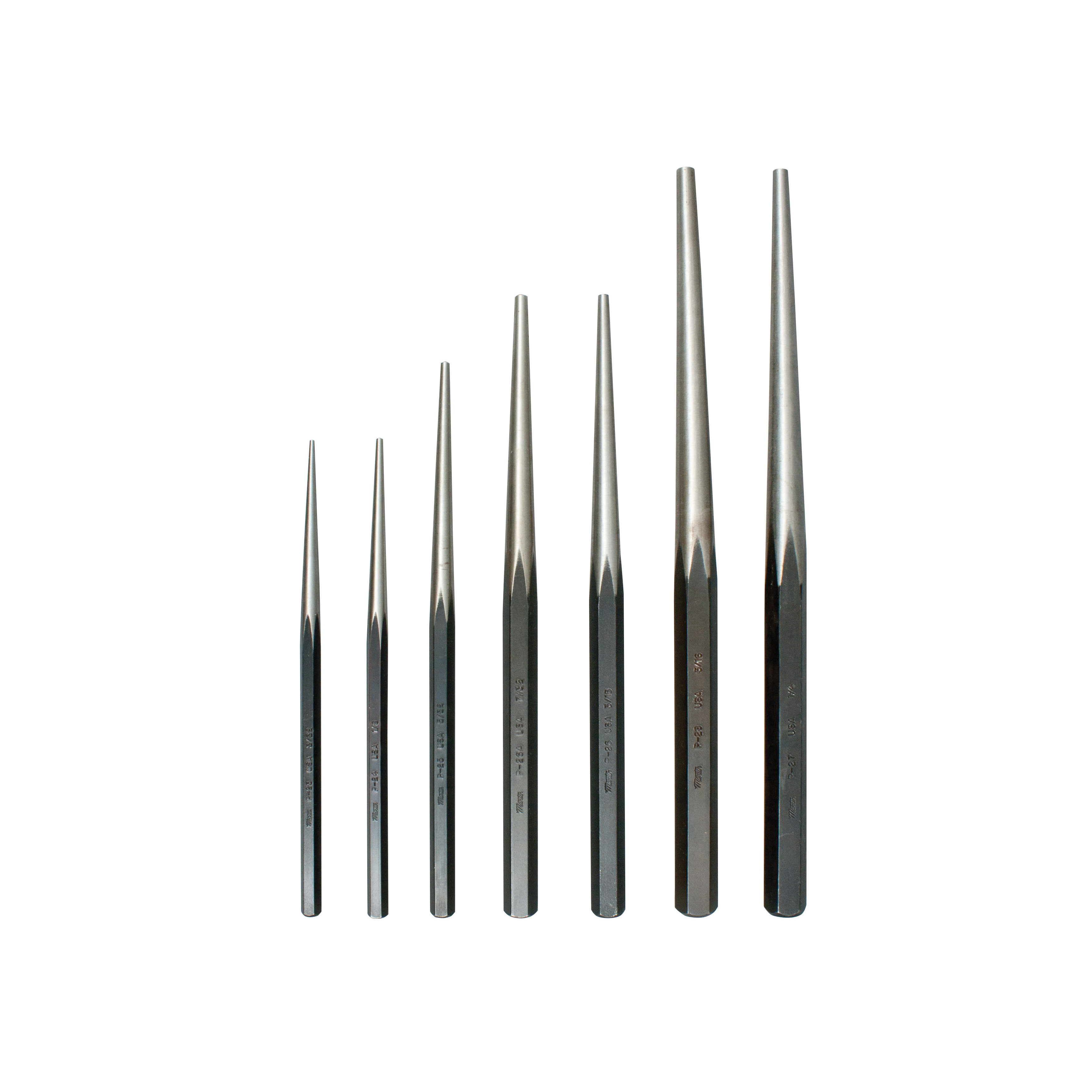 Punch Set, Long Taper, 3/32 Inch to 5/16 Inch Punch, 7 Piece, Long Tapered Shank, Alloy Steel, Plain