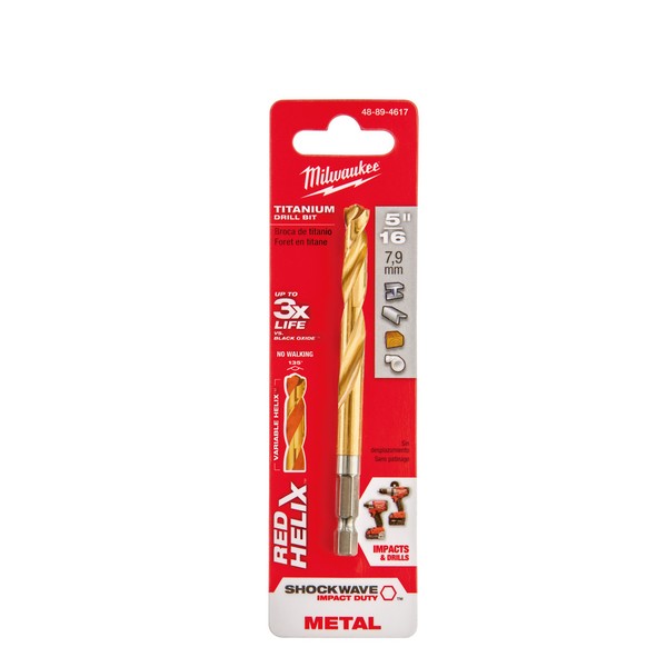Impact Drill Bit, Hex Shank, 5/16 in Drill - Fraction, 0.3125 in Drill - Decimal Inch, 4-3/8 in Overall Length, 2-39/64 in Cutting Depth, 2-39/64 in Flute Length, 1/4 in Shank, 135 deg Point, Split Point, HSS Cutting Edge, HSS, Titanium Coated, Appli