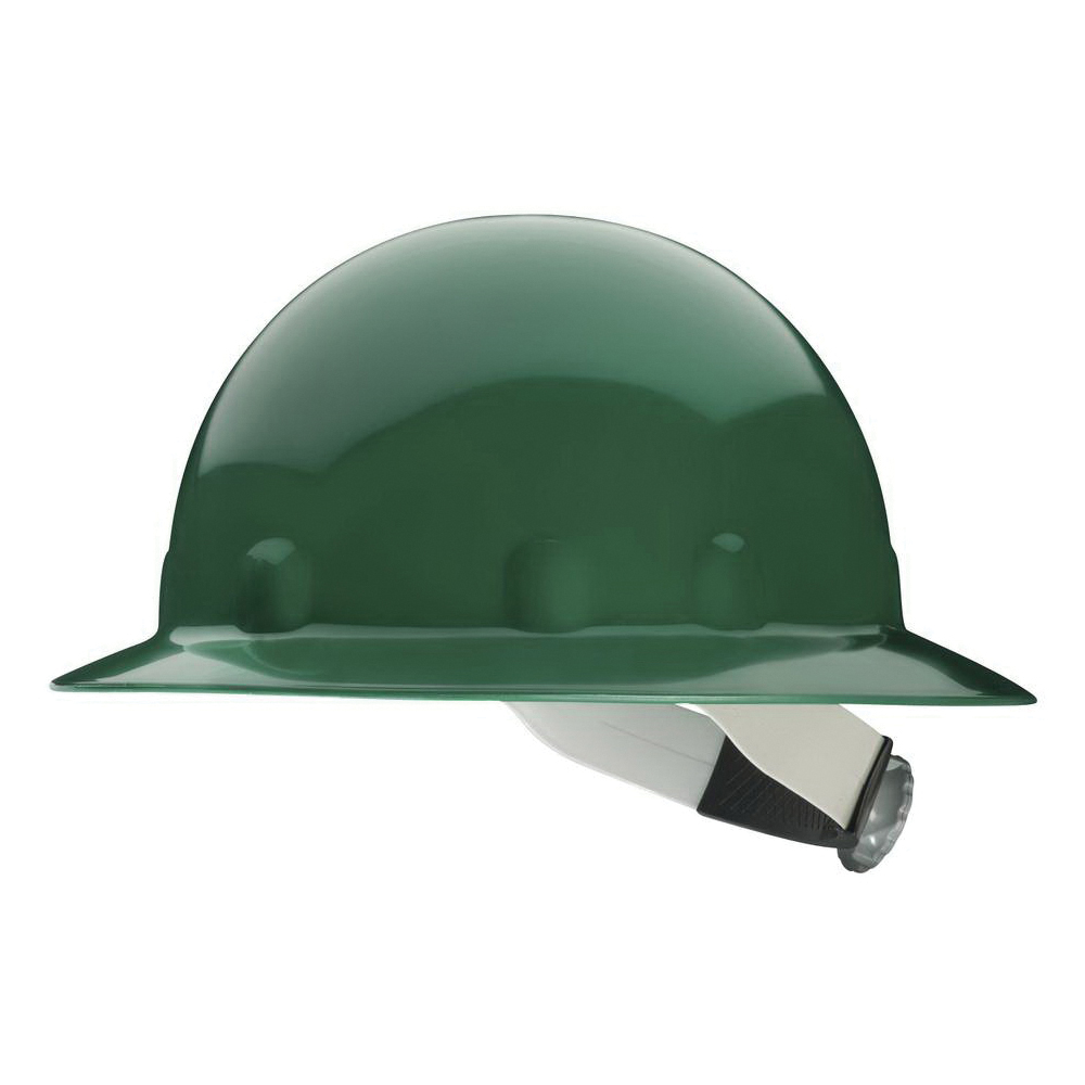 Hard Hat, Full Brim, Series: E1, Unisex Size, Fits Minimum Hat Size: 6-1/2, Fits Maximum Hat Size: 8, Green, Thermoplastic, 8-Point Suspension, ANSI Electrical Class Rating: Class C, E and G, ANSI Impact Rating: Type I, Slotted: No, Ratchet Adjustment
