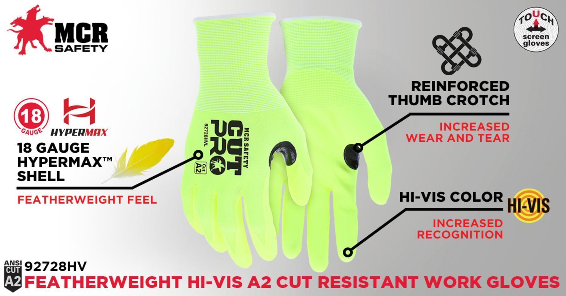 Work Gloves, Large Size, Nitrile Foam Palm, Lime Green, ANSI Cut-Resistance Level: A2, ANSI Puncture-Resistance Level: 3, Resists: Cut Resistant