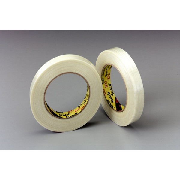 Filament Tape, 55 m Length, 12 mm Width, 6 mil Thickness, Fiberglass Yarn Filament, Clear, Synthetic Rubber Adhesive, Polypropylene Backing, 55 in-oz Adhesion Strength, 300 in-lb Tensile Strength, 80 °F Maximum Operating, 40 °F Minimum Operating